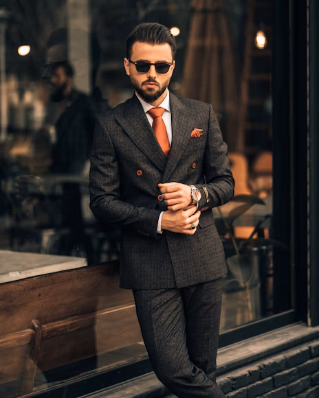 Man adjusting the cuff of a dark double-breasted suit outside a café