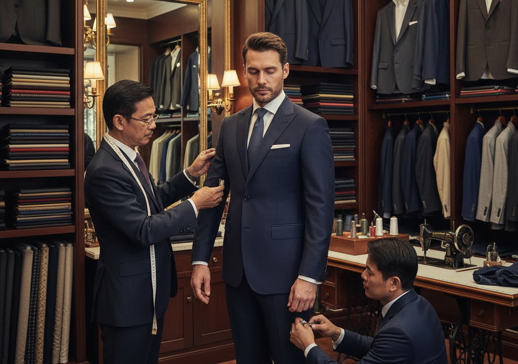 Two tailors checking the sleeve and trouser fit of a navy suit