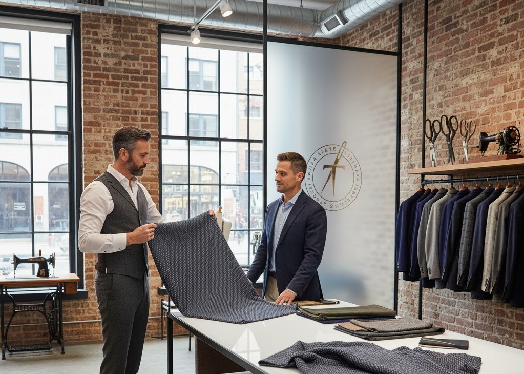 Tailor showing patterned suit fabric to a client at a consultation table