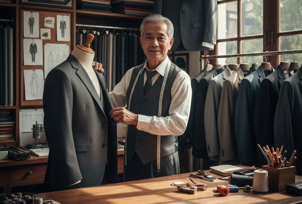 Tailor standing beside a dark jacket on a mannequin in a workshop