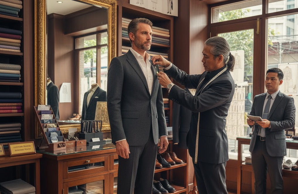 Tailor adjusting a dark business suit during an executive fitting