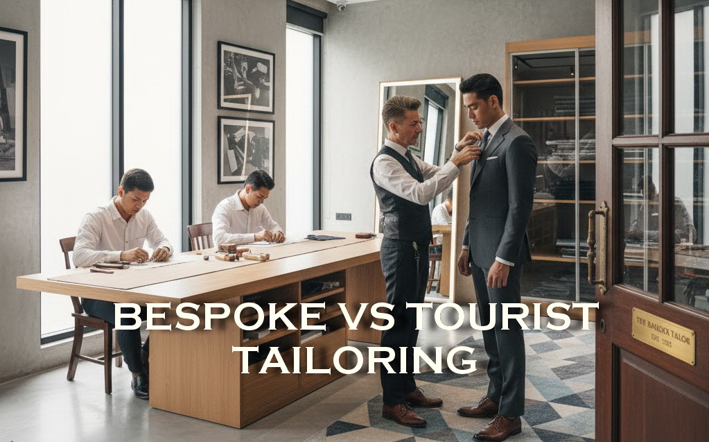Tailor measuring a client during a custom suit consultation