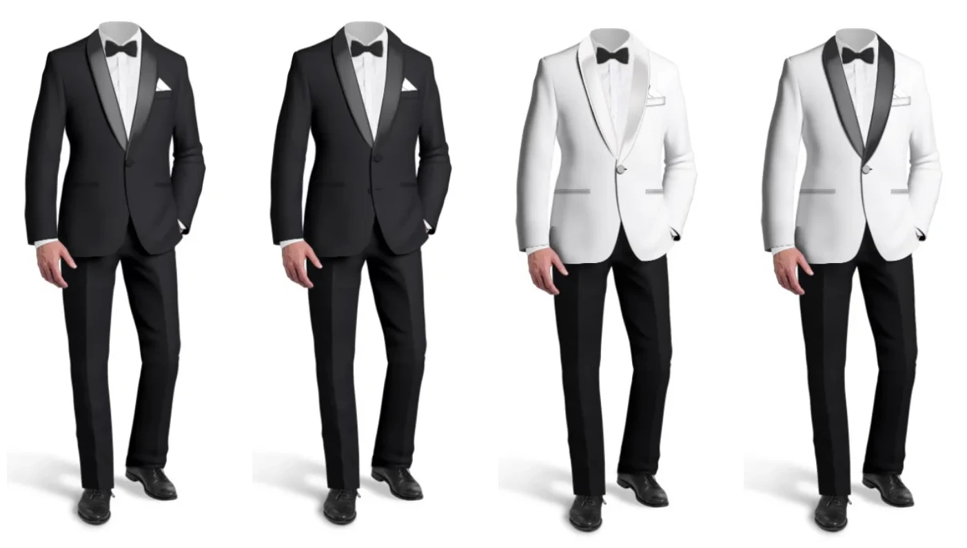 Four formalwear examples showing black and white dinner jackets with different lapel styles.